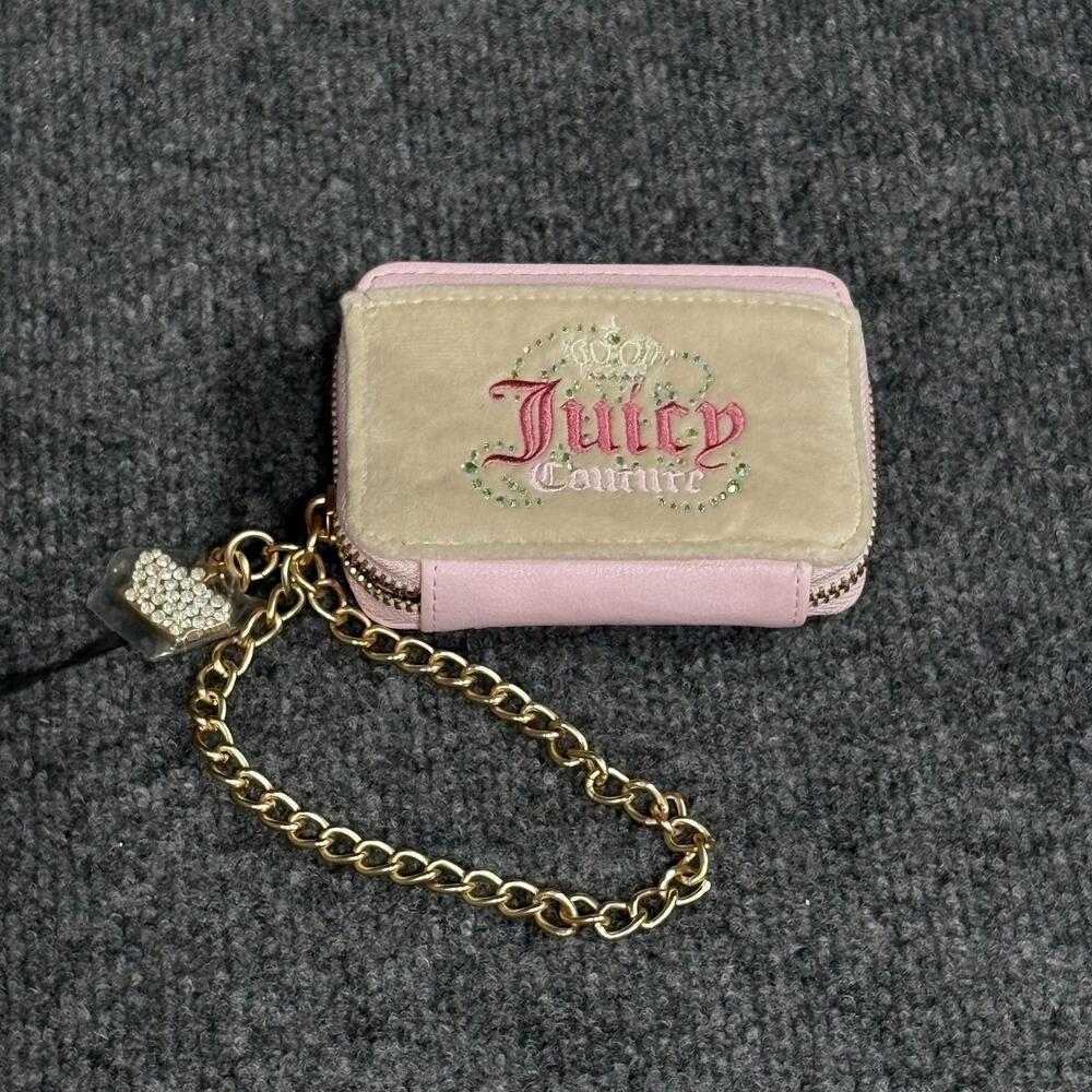 Juicy Couture Wallet Wristlet Womens One Size Pink Velvet Logo Chain Heart Charm